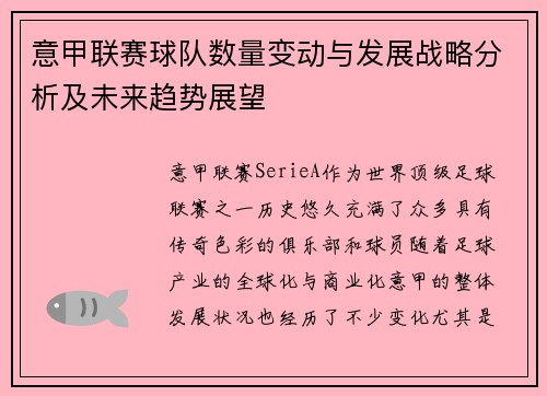 意甲联赛球队数量变动与发展战略分析及未来趋势展望