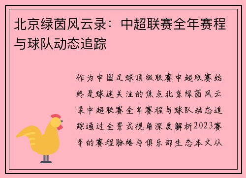 北京绿茵风云录：中超联赛全年赛程与球队动态追踪